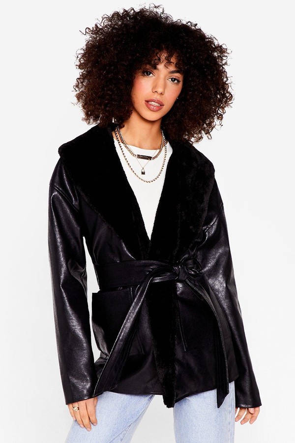 faux fur lined belted jacket