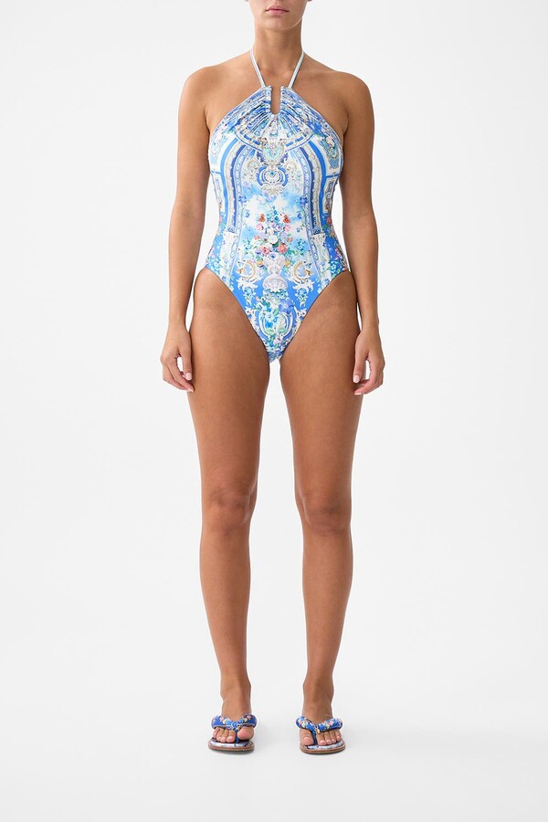 Camilla Diamond Neck Halter One Piece With U Ring Front