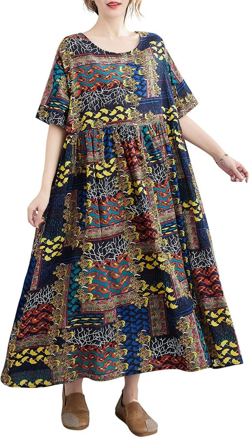 RRINSINS Womens Bohemian Neck Printed Batwing Sleeve Ethnic Style Summer Shift Dresses 