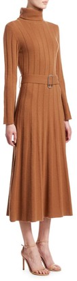 Each X Other Rib-Knit Cashmere & Merino Wool Turtleneck Belted A-Line Midi Dress