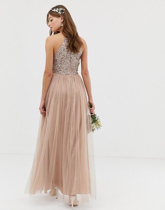 Maya Bridesmaid halter neck maxi tulle dress with tonal delicate sequins in taupe blush