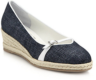 Audrey Leather-Trimmed Chambray Espadrille Wedges