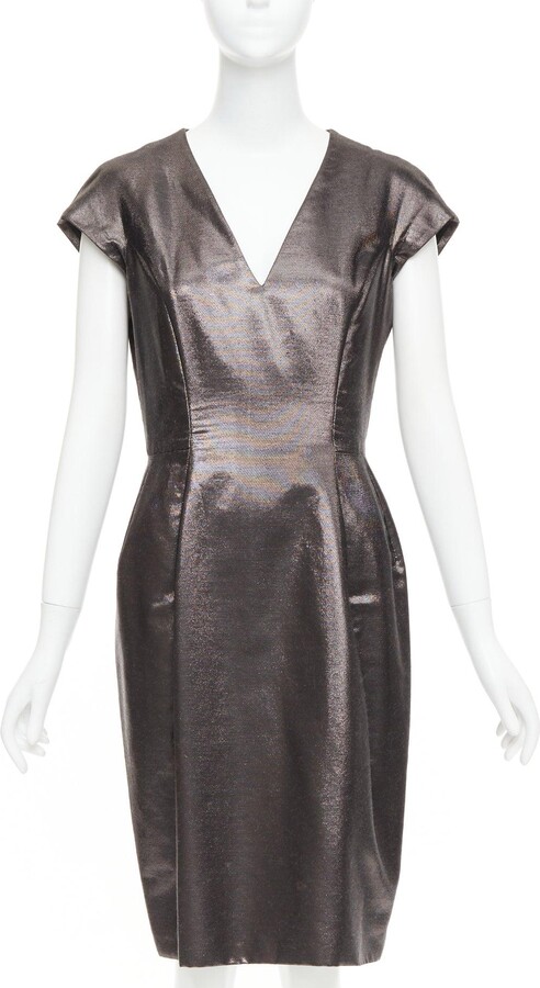 Stefano Pilati Yves Saint Laurent 2009 Bronze Metallic Look V Neck Sheath Dress Fr40 S