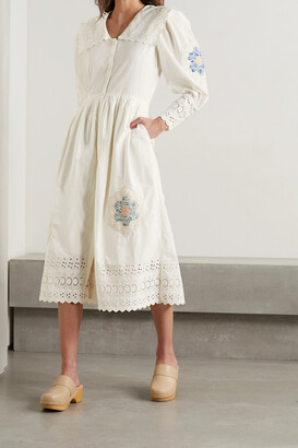 Sea Violette Printed Embroidered Broderie Anglaise-trimmed Cotton Midi Dress - White