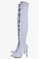 Thumbnail for your product : boohoo Paige Ripped Thigh High Denim Boot