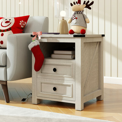 Gracie Oaks Nightstands With Charging Station Rustic 18 Inch Bedside Table With 2 Storage Drawers And Open Shelf