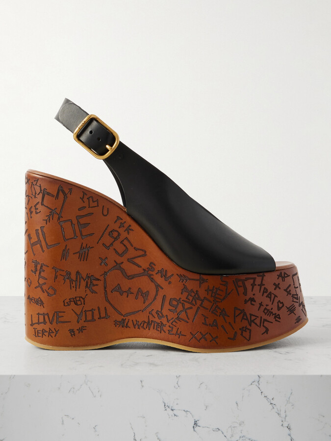 Chloé Maxime Leather Slingback Platform Wedge Sandals - Black
