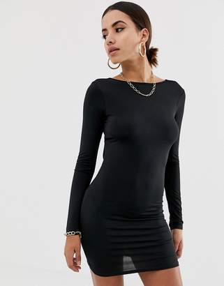 Missguided open back long sleeve mini dress in black