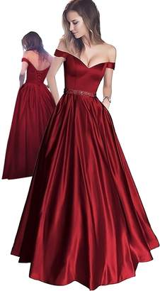 HONGFUYU Sleeveless Satin V Neck A Line Long Prom Dresses Beading Floor Length Evening Dress Burgundy-US