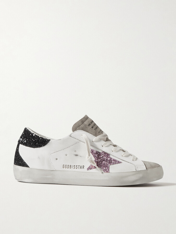 Golden Goose Superstar Distressed Glittered Leather Sneakers - White