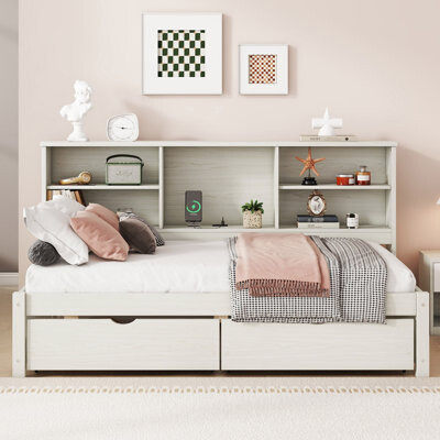 Latitude Run Bed Frame With Side Bookshelves Two Drawers And Built-In USB Port