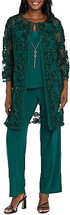 R & M Richards R M Richards 34 Sleeve Crew Neck Embroidered Soutache 3-Piece Pant Set