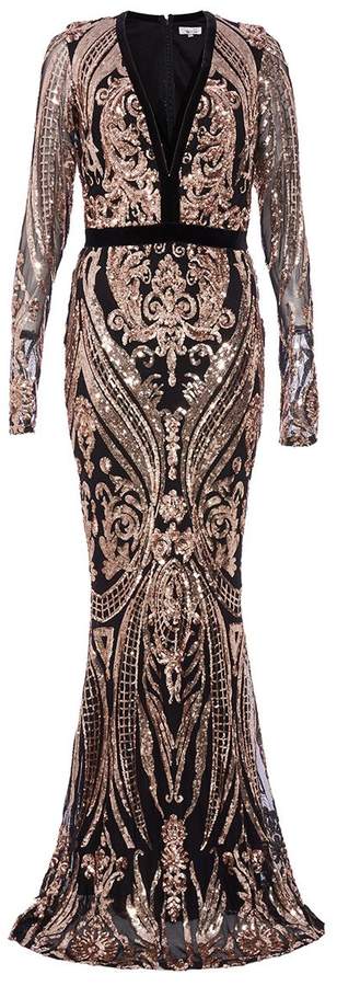 black and rose gold sequin embellished fishtail maxi dress