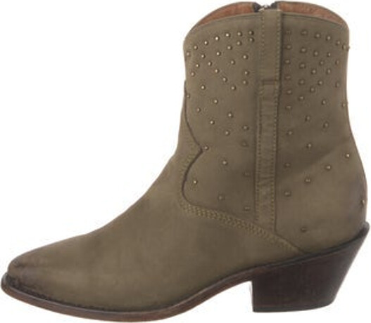 Lucchese Suede Ankle Western Boots Green Colorblock Pattern Semi-Pointed Toes with Studded Accents Exposed Zip Closure at Sides Designer