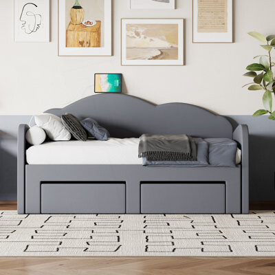 Twin Size Upholstered Daybed With Cloud-Shaped Backrest, Trundle & 2 Drawers And Usb Ports, Day Bed