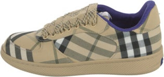 Burberry Canvas Low Top Sneakers House Check Pattern Round-Toes with Leather Trim Embellishment Lace-Up Closure at Uppers Includes Box