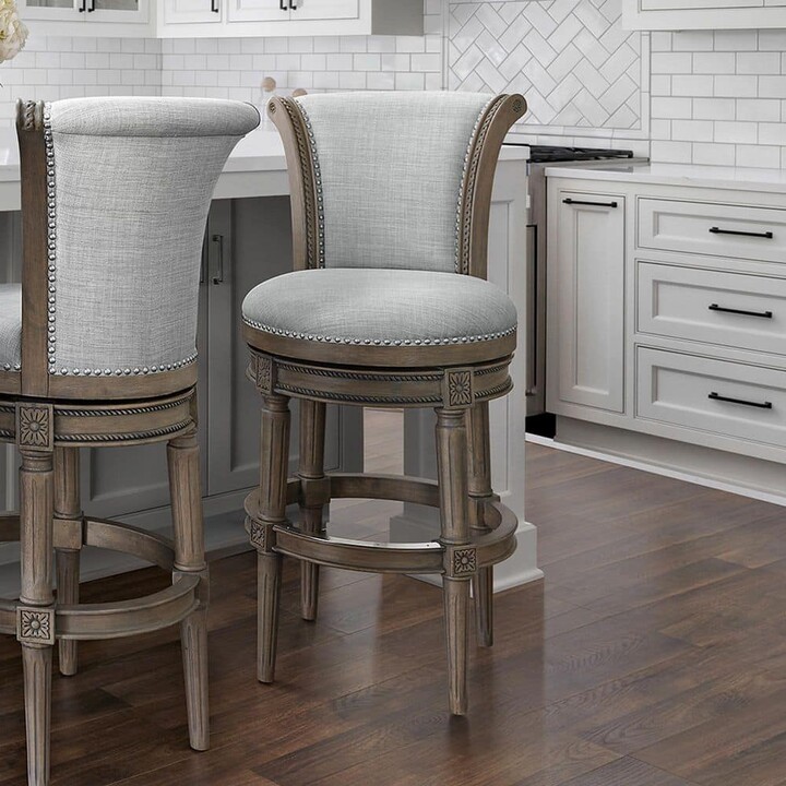 New Ridge Home Goods Chapman 31 in.. Weathered Gray High Back Wood Swivel Bar Stool with Gray Upholstered Seat, 1-Stool