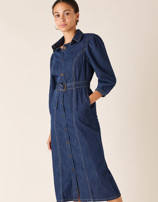 Monsoon Belted Denim Midi Dress in Organic Cotton Blue