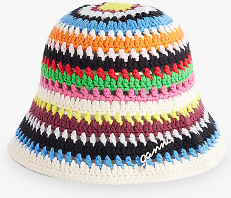 Ganni Womens Multi-Coloured Crochet Cotton Bucket Hat M/L
