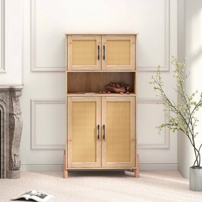 Latitude Run Mid-Century Modern 4-Door Storage Cabinet With Woven Rattan Doors & Adjustable Shelves - Perfect For Living Room & Dining Room