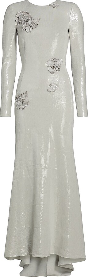 Women's Embellished Sequin Cherry Blossom Trumpet-Hem Gown - Pewter - Size 0