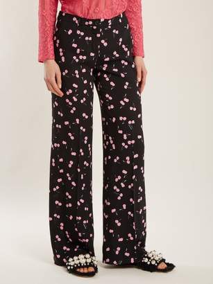 Miu Miu Cherry Print Mid Rise Wide Leg Trousers - Womens - Black Pink