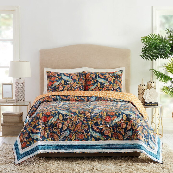Dena Designs Dena Home Blue Peacock Garden 3-Piece Quilt Set, Full/Queen