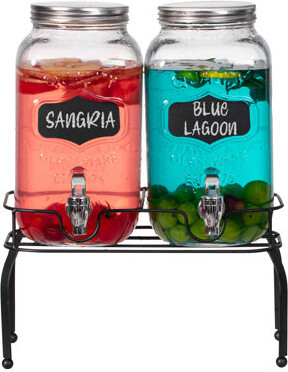 Basicwise 2-pcs Glass Drink Dispenser Set With Metal Stand, Stainless Steel Spigots And Chalkboard Signs - Ideal For Serving Beverages, Water, Lemonad