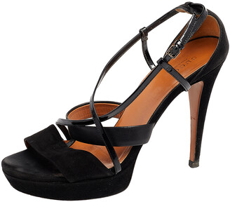 Gucci Black Suede And Patent Leather Platform Ankle Strap Sandals Size 39.5