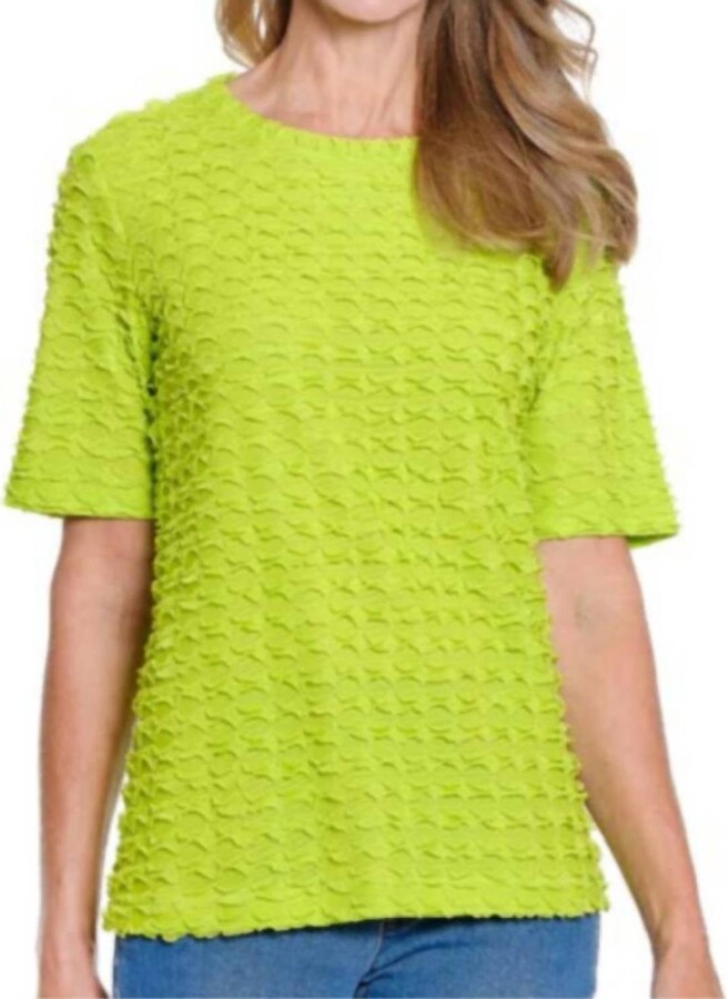 Multiples Elbow Sleeve Ruffle Top In Neon Lime