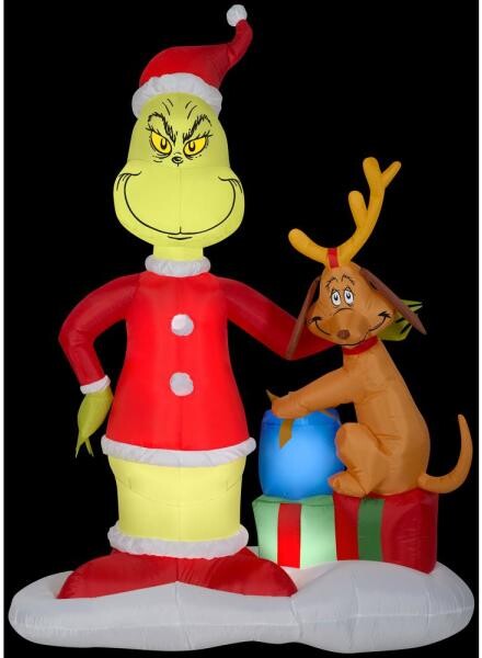 6 ft. Tall Christmas Inflatable Airblown-Grinch and Max with Presents-Scene