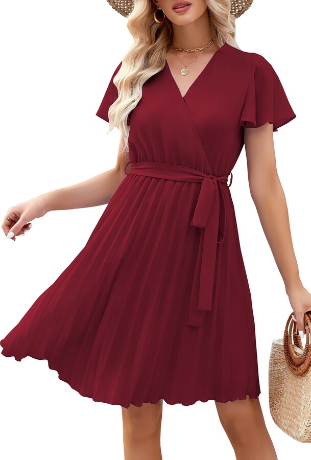 OWIN Women Casual V Neck Dresses Boho Short Sleeve Chiffon Belted