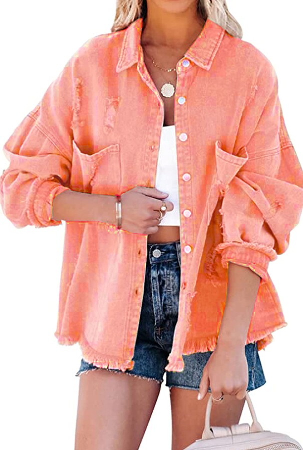 APAFES Women's Casual Long Sleeve Button Cropped Denim Jacket Plus