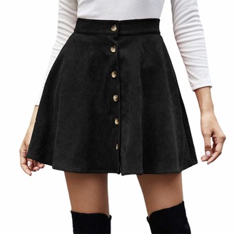Frobukio Womens Faux Suede Skirt Button Closure A-Line High Wasit Mini Short Skirt (Black S)