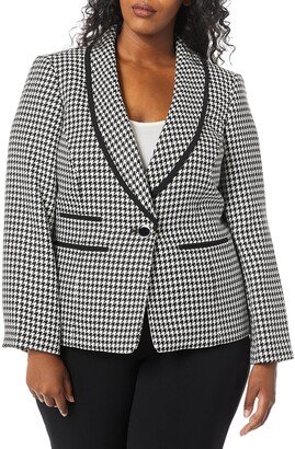 Kasper Women's Plus Size 1 Button Shawl Collar Houndstooth Jacket Piping