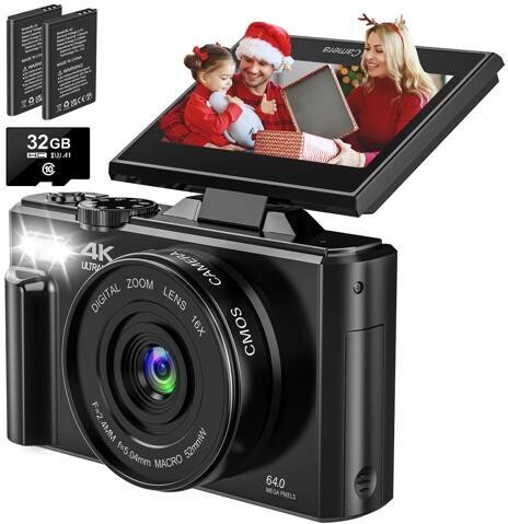 BOPORO Digital Camera 4K 64MP Vlogging Camera for YouTube Auto-Focus 18X Zoom 3' 180° Flip Screen Compact Video Camera with 32GB Card