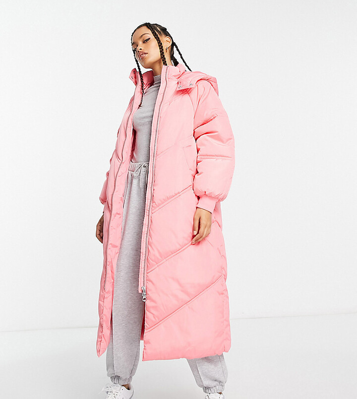 Pieces Petite longline padded coat with hood in pink - ShopStyle