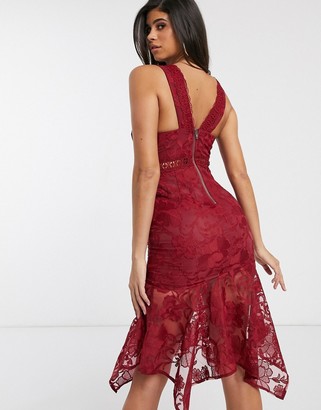 Love Triangle plunge front midaxi lace dress with fluted hem in deep raspberry