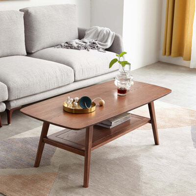 100% Solid Oak Wood Coffee Table Easy To Assemble Walnut Color Wood With Storage Shelf