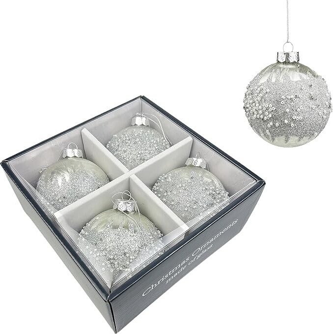 VGEUNA 3.15”/80MM Glitter Glass Christmas Ball Ornaments, 4-Piece Boxed Decorative Hanging Ornament Set for Christmas Decorations (Style A01)