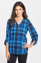 Thumbnail for your product : Chaus Check Print Roll Sleeve Front Zip Top
