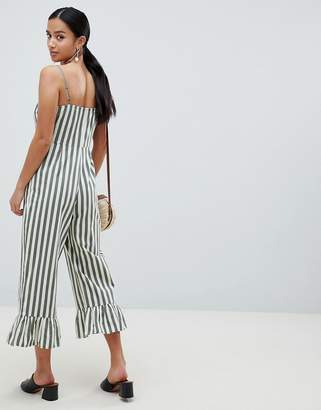 ASOS Petite Design Petite Cotton Frill Hem Jumpsuit With Square Neck And Button Detail In Stripe