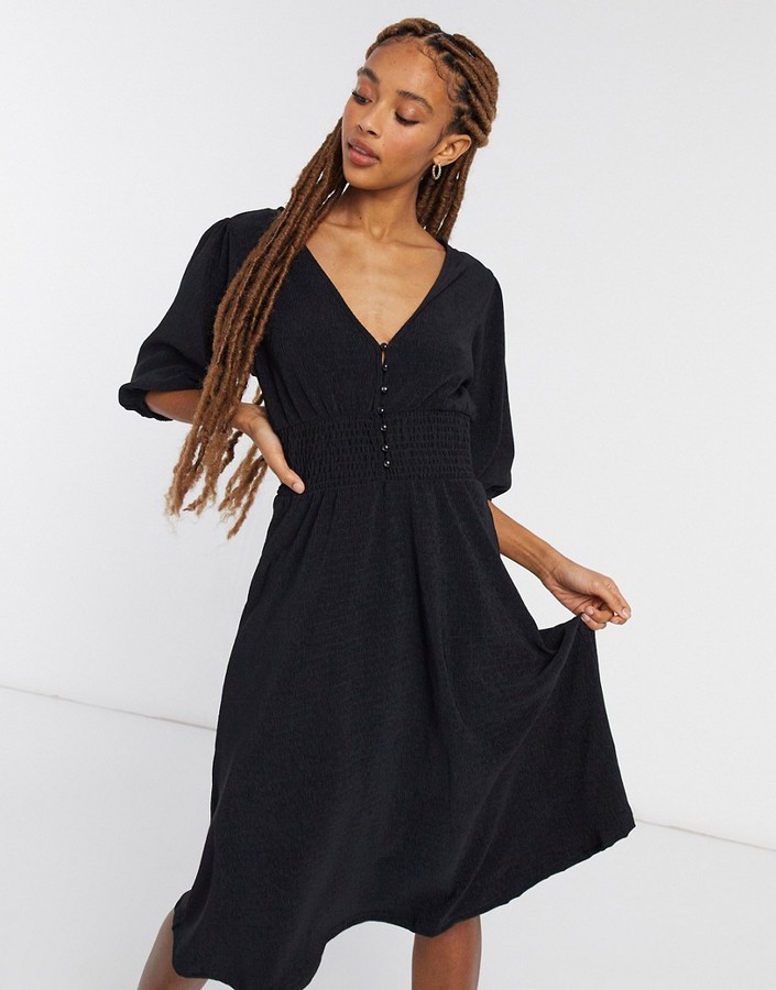 Monki Zoey shirred waist midi dress in black - ShopStyle