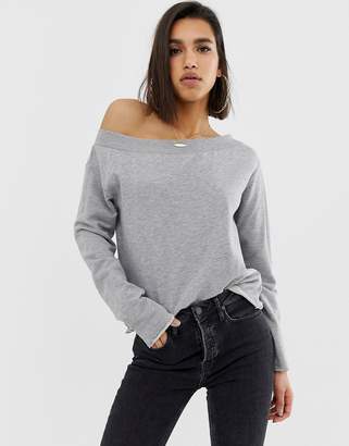ASOS Design DESIGN off shoulder sweatshirt with raw edges in grey