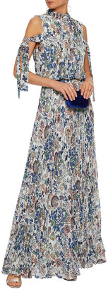 Mikael Aghal Cold-shoulder Pleated Floral-print Crepe De Chine Maxi Dress