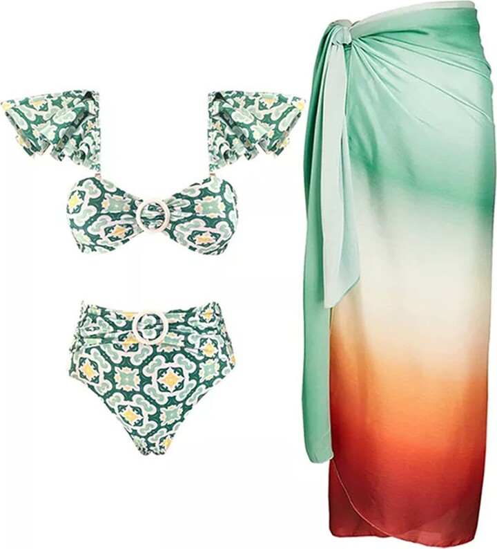 Generic Green High Neck Bikini Low Cut BOH Lace Up Red Stripe Bikini