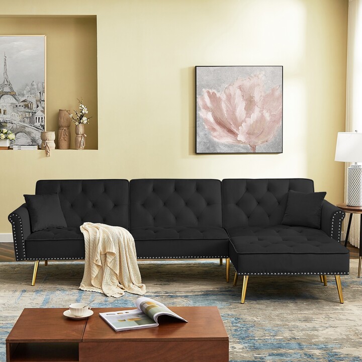 TOSWIN Modern Reversible Velvet Sectional Sofa Bed with Movable Ottoman and  Nailhead Trim - ShopStyle