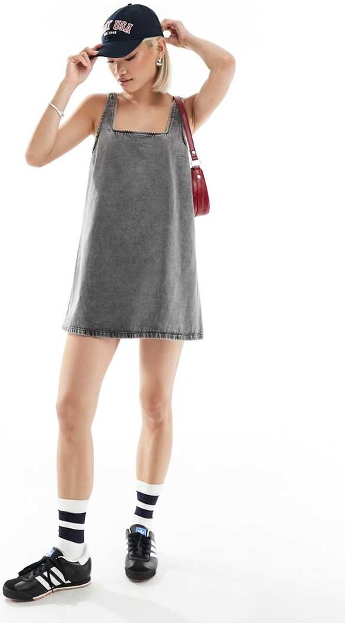 Monki mini denim overall dress in dark gray wash - ShopStyle