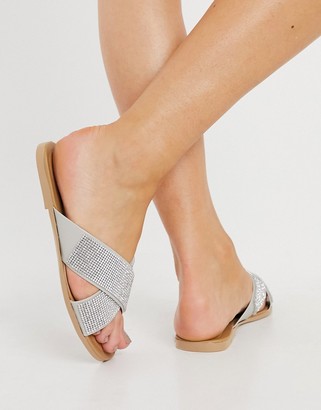 Schuh Tali double strap flat sandals in silver diamante