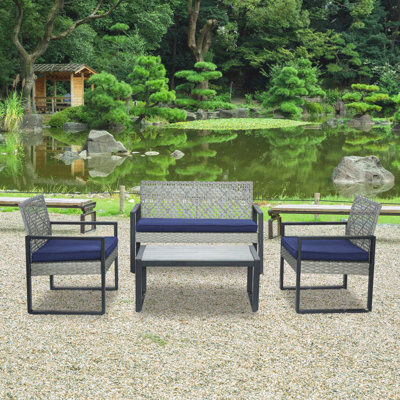 Latitude Run 4-Piece Patio Furniture Set Black Outdoor Balcony Porch Garden Backyard Lawn Furniture Acacia Wood Table Top Morden And Light Brown
